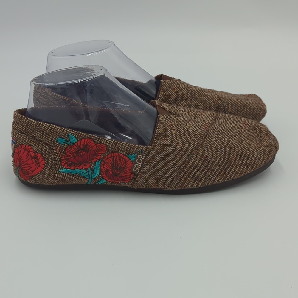Skechers Bobs Women's Floral Embroidered Slip-On Shoes Flat Tweed 10 Brown Red